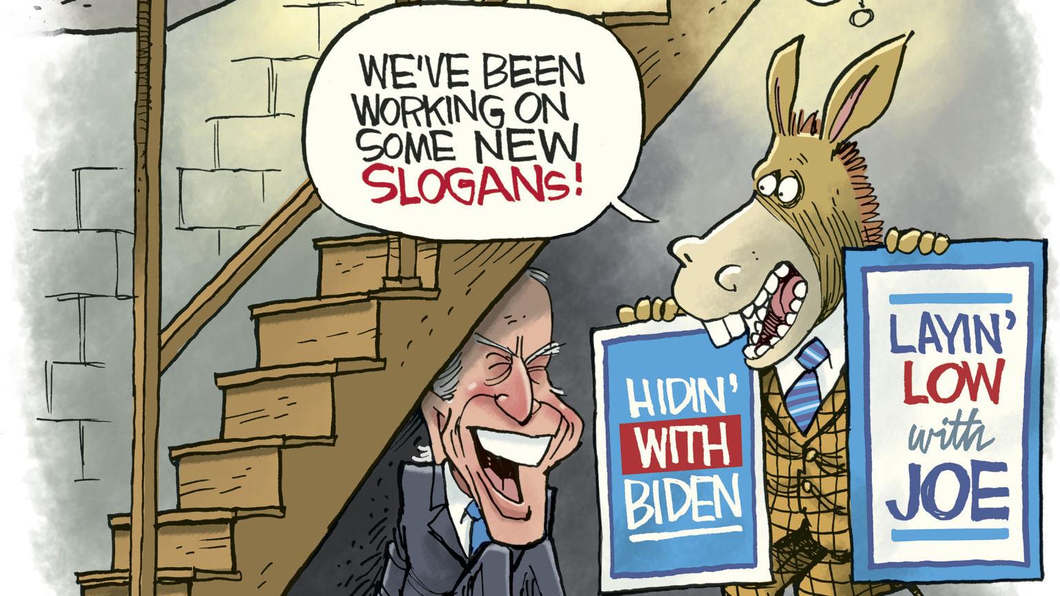 Syndicated cartoon: Biden basement slogans